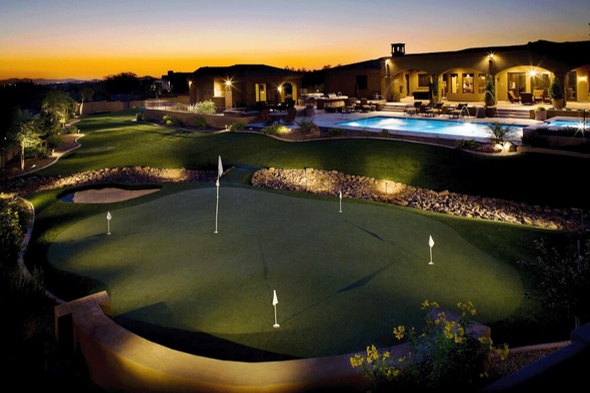 Southwest Greens of Augusta artificial golf green with sand trap at luxury home